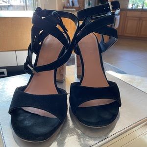 Sigerson Morrison, suede ankle wrap sandal with cork heel, size 8